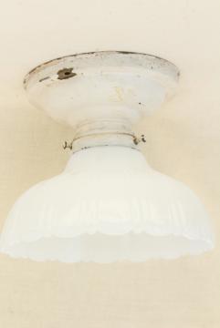 catalog photo of antique brass light, flush mount ceiling fixture w/ white milk glass fluted shade