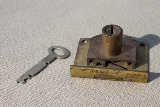 photo of antique brass lock & skeleton key,  vintage half mortise lock hardware for drawer or door #3