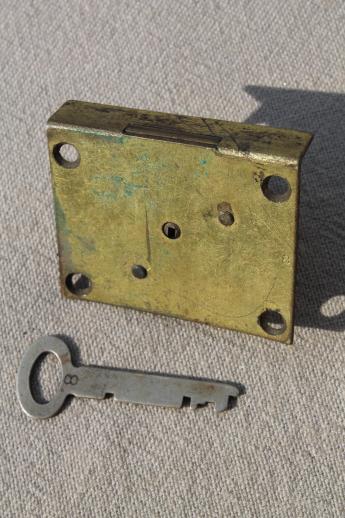 photo of antique brass lock & skeleton key,  vintage half mortise lock hardware for drawer or door #4