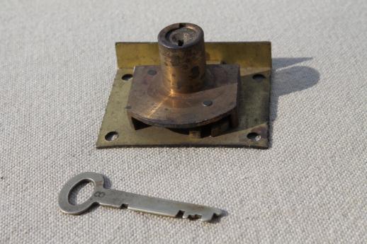 photo of antique brass lock & skeleton key,  vintage half mortise lock hardware for drawer or door #5