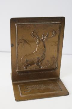 catalog photo of antique brass or bronze bookend w/ stag design made for Hartford Fire Insurance 1935 