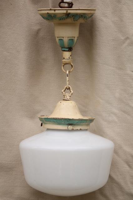 photo of antique brass pendant light fixture, vintage lighting w/ original old paint & milk glass shade #1