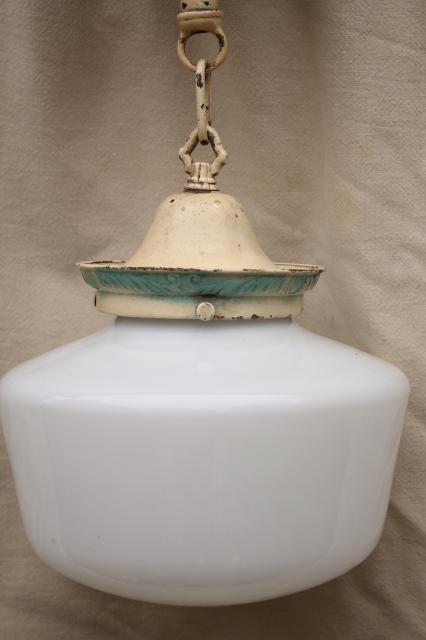 photo of antique brass pendant light fixture, vintage lighting w/ original old paint & milk glass shade #5