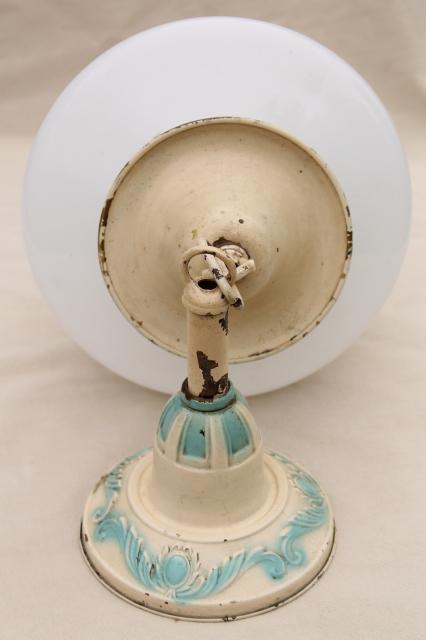 photo of antique brass pendant light fixture, vintage lighting w/ original old paint & milk glass shade #7