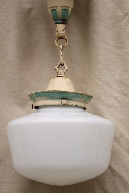 photo of antique brass pendant light fixture, vintage lighting w/ original old paint & milk glass shade #8