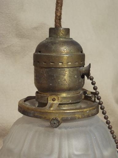 photo of antique brass pendant light w/ painted puffy glass lamp shade, pull chain switch #2