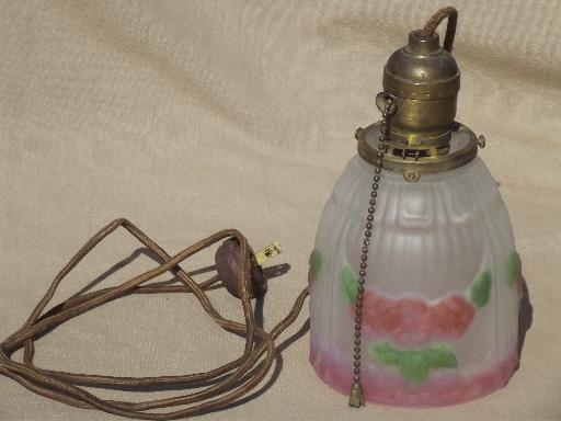 photo of antique brass pendant light w/ painted puffy glass lamp shade, pull chain switch #3