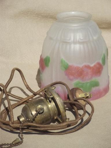 photo of antique brass pendant light w/ painted puffy glass lamp shade, pull chain switch #4