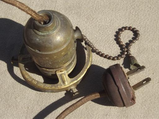photo of antique brass pendant light w/ painted puffy glass lamp shade, pull chain switch #7