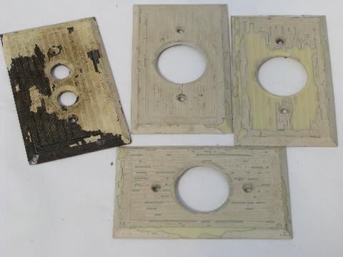 photo of antique brass push-button light switch plates, vintage electrical lot #5