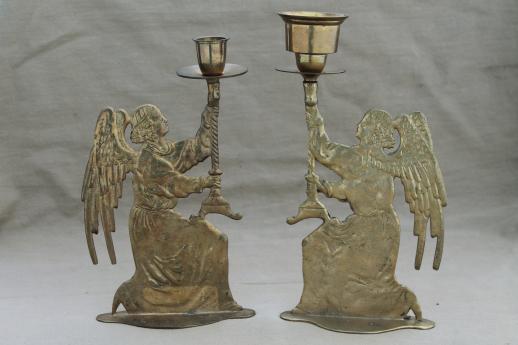 photo of antique brass tall candlesticks w/ angels, vintage angel silhouette candle holders #1