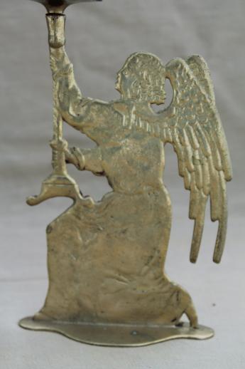 photo of antique brass tall candlesticks w/ angels, vintage angel silhouette candle holders #2