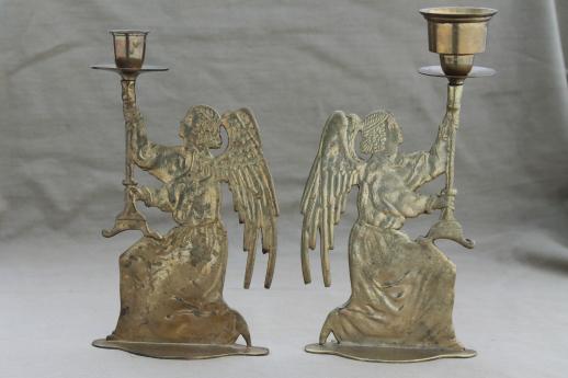 photo of antique brass tall candlesticks w/ angels, vintage angel silhouette candle holders #4