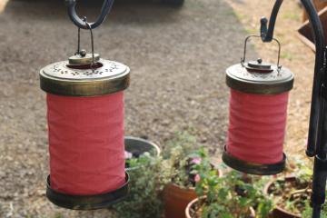 antique brass tone candle lanterns w/ accordion fabric shades, Persian or Turkish hanging lamps