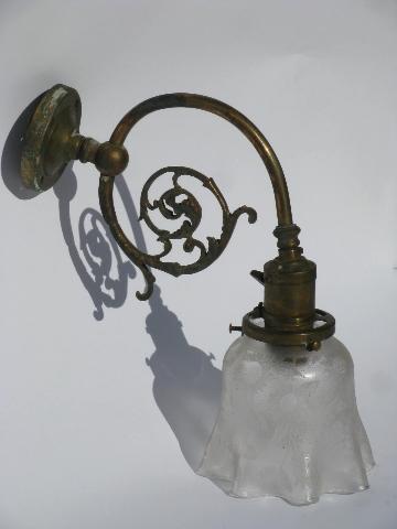 photo of antique brass wall sconce early electric socket w/1890s patent&glass shade #1