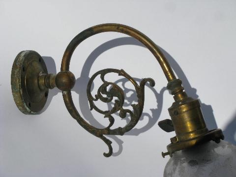 photo of antique brass wall sconce early electric socket w/1890s patent&glass shade #2