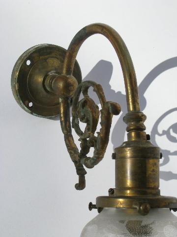 photo of antique brass wall sconce early electric socket w/1890s patent&glass shade #3