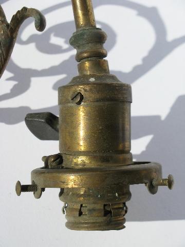 photo of antique brass wall sconce early electric socket w/1890s patent&glass shade #4