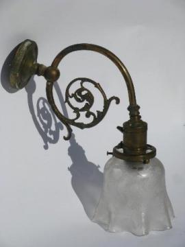 catalog photo of antique brass wall sconce early electric socket w/1890s patent&glass shade