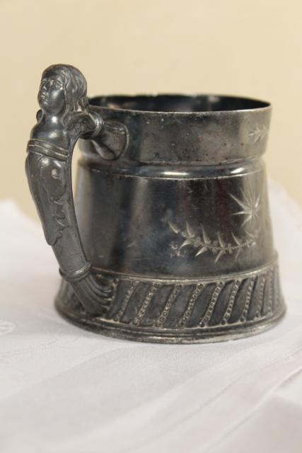 photo of antique bright cut silver plate baby cup w/ figural handle, Victorian vintage #1