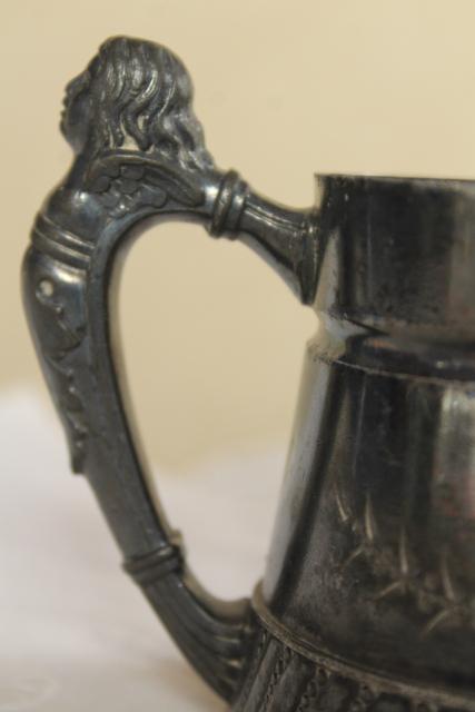 photo of antique bright cut silver plate baby cup w/ figural handle, Victorian vintage #11