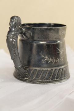 catalog photo of antique bright cut silver plate baby cup w/ figural handle, Victorian vintage