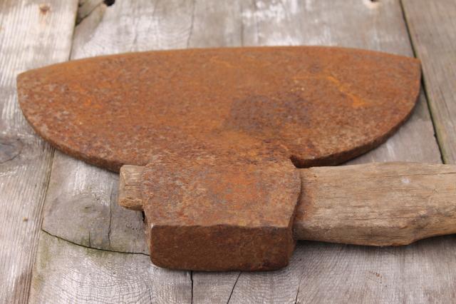 photo of antique broad ax forged iron hewing ax  primitive farm or rustic cabin  wood chopping tool #7