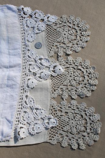 photo of antique brocante vintage flax linen cotton towels & farmhouse table runners w/ heavy lace #2