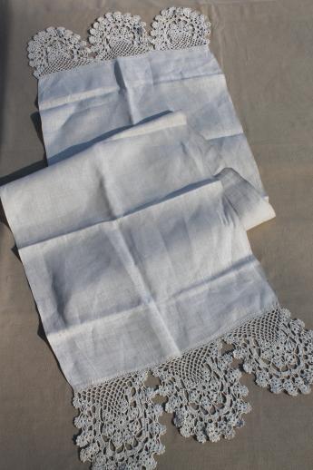 photo of antique brocante vintage flax linen cotton towels & farmhouse table runners w/ heavy lace #13