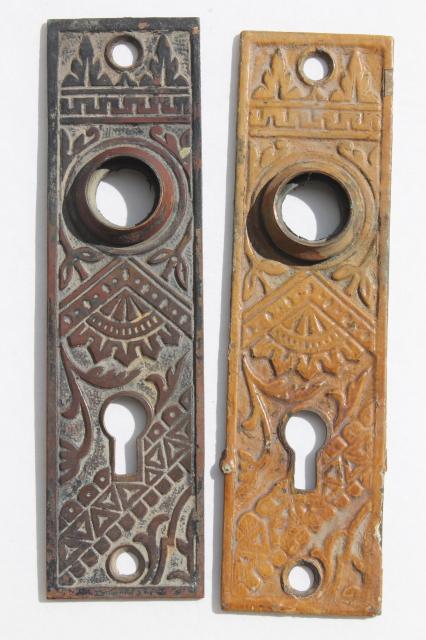 photo of antique bronze door escutcheon plates, vintage door knob hardware for skeleton keys  #1