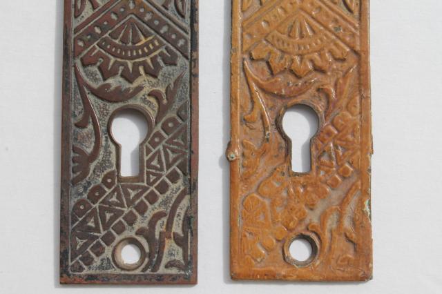 photo of antique bronze door escutcheon plates, vintage door knob hardware for skeleton keys  #4