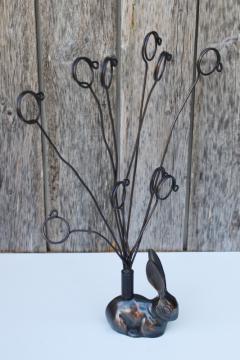 catalog photo of antique bronze finish cast metal bunny wire photo holder, farmhouse style spring decor