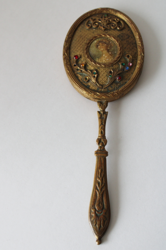 photo of antique bronze hand mirror, beveled glass Empire art E & J B rhinestone jeweled gold frame w/ miniature portrait  #1