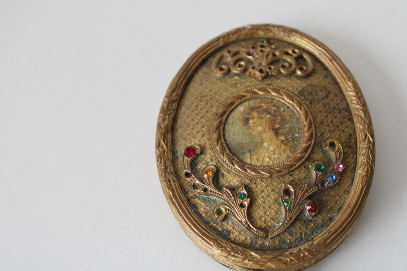 photo of antique bronze hand mirror, beveled glass Empire art E & J B rhinestone jeweled gold frame w/ miniature portrait #2