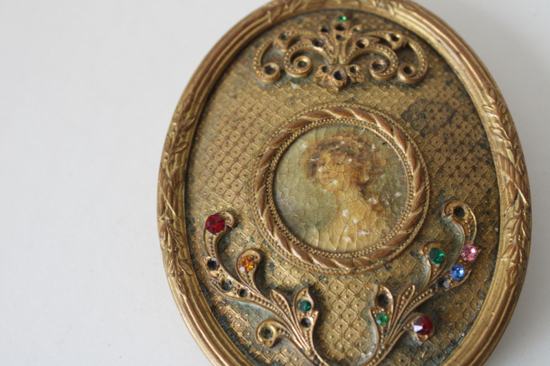 photo of antique bronze hand mirror, beveled glass Empire art E & J B rhinestone jeweled gold frame w/ miniature portrait #3