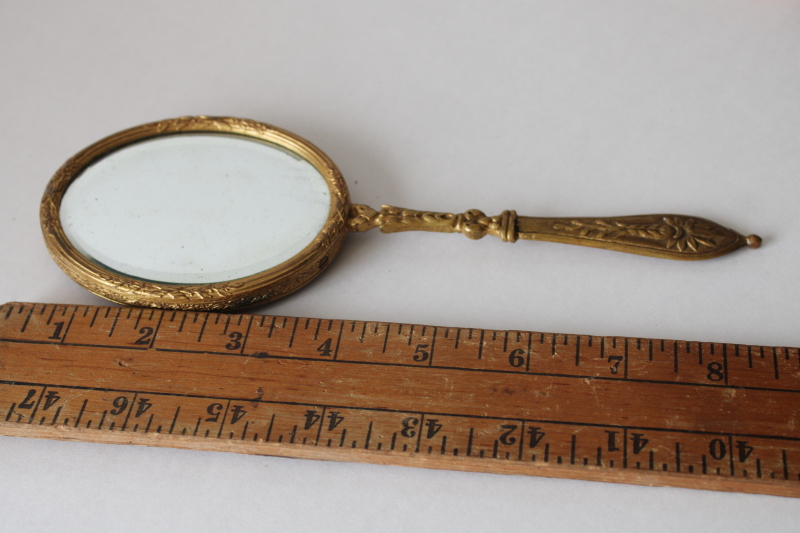 photo of antique bronze hand mirror, beveled glass Empire art E & J B rhinestone jeweled gold frame w/ miniature portrait #4