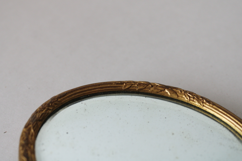 photo of antique bronze hand mirror, beveled glass Empire art E & J B rhinestone jeweled gold frame w/ miniature portrait #5