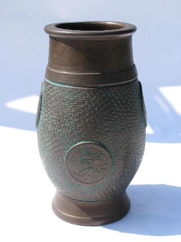 photo of antique bronze matte glaze pottery, large vase w/ oriental motifs, vintage Japan #1