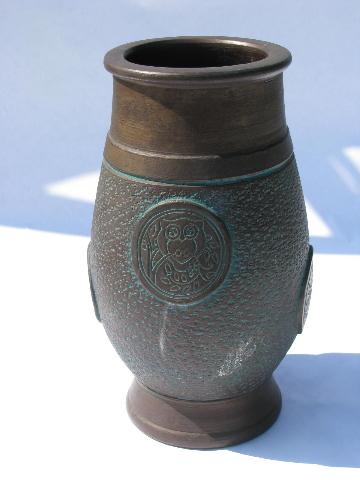 photo of antique bronze matte glaze pottery, large vase w/ oriental motifs, vintage Japan #2