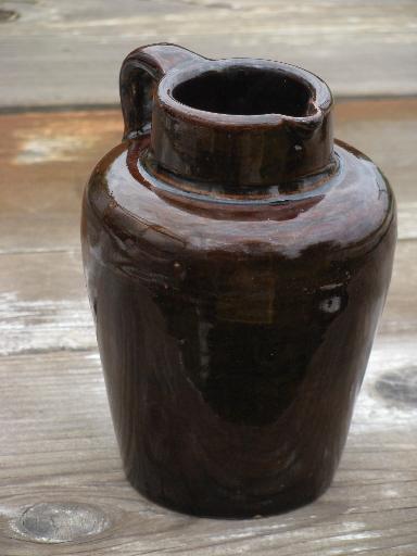 photo of antique brown glaze stoneware pottery pitcher, old syrup jug crock #2