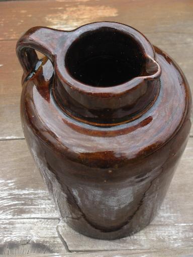 photo of antique brown glaze stoneware pottery pitcher, old syrup jug crock #3