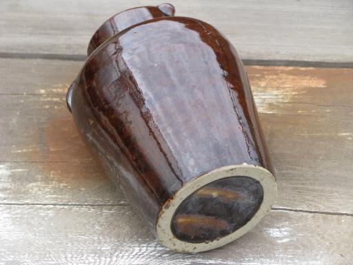 photo of antique brown glaze stoneware pottery pitcher, old syrup jug crock #4