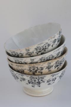 catalog photo of antique brown stained ironstone china, Johnson Bros footed cafe au lait bowls dark blue transferware