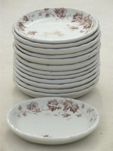 photo of antique brown transferware butter pat plates, English Staffordshire china #3