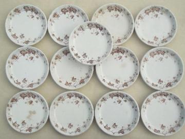 catalog photo of antique brown transferware butter pat plates, English Staffordshire china