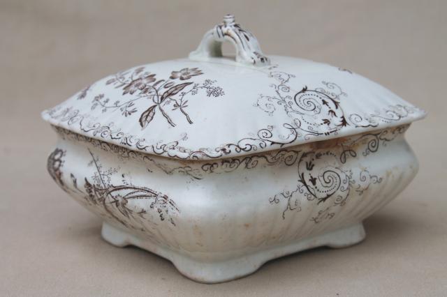 photo of antique brown transferware china, Chelsea aesthetic floral square butter box or cheese keeper #2