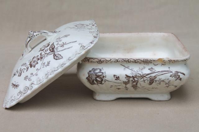 photo of antique brown transferware china, Chelsea aesthetic floral square butter box or cheese keeper #4