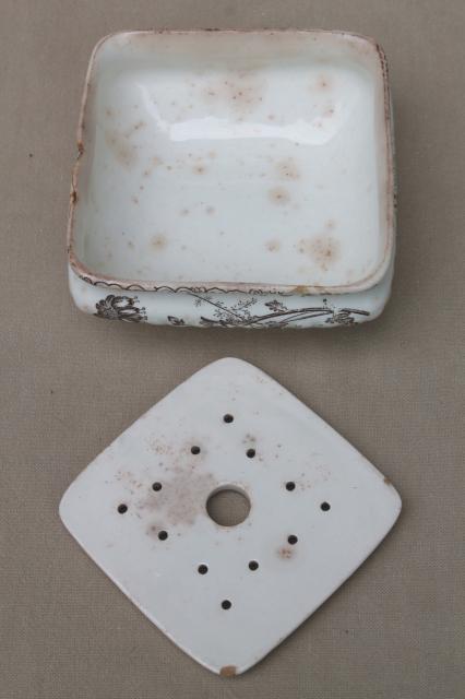 photo of antique brown transferware china, Chelsea aesthetic floral square butter box or cheese keeper #6