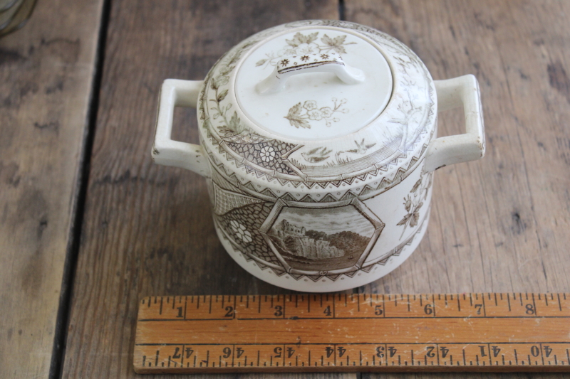 photo of antique brown transferware china biscuit jar or large sugar bowl 1800s vintage aesthetic design #3