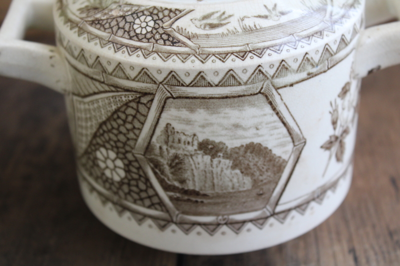 photo of antique brown transferware china biscuit jar or large sugar bowl 1800s vintage aesthetic design #5